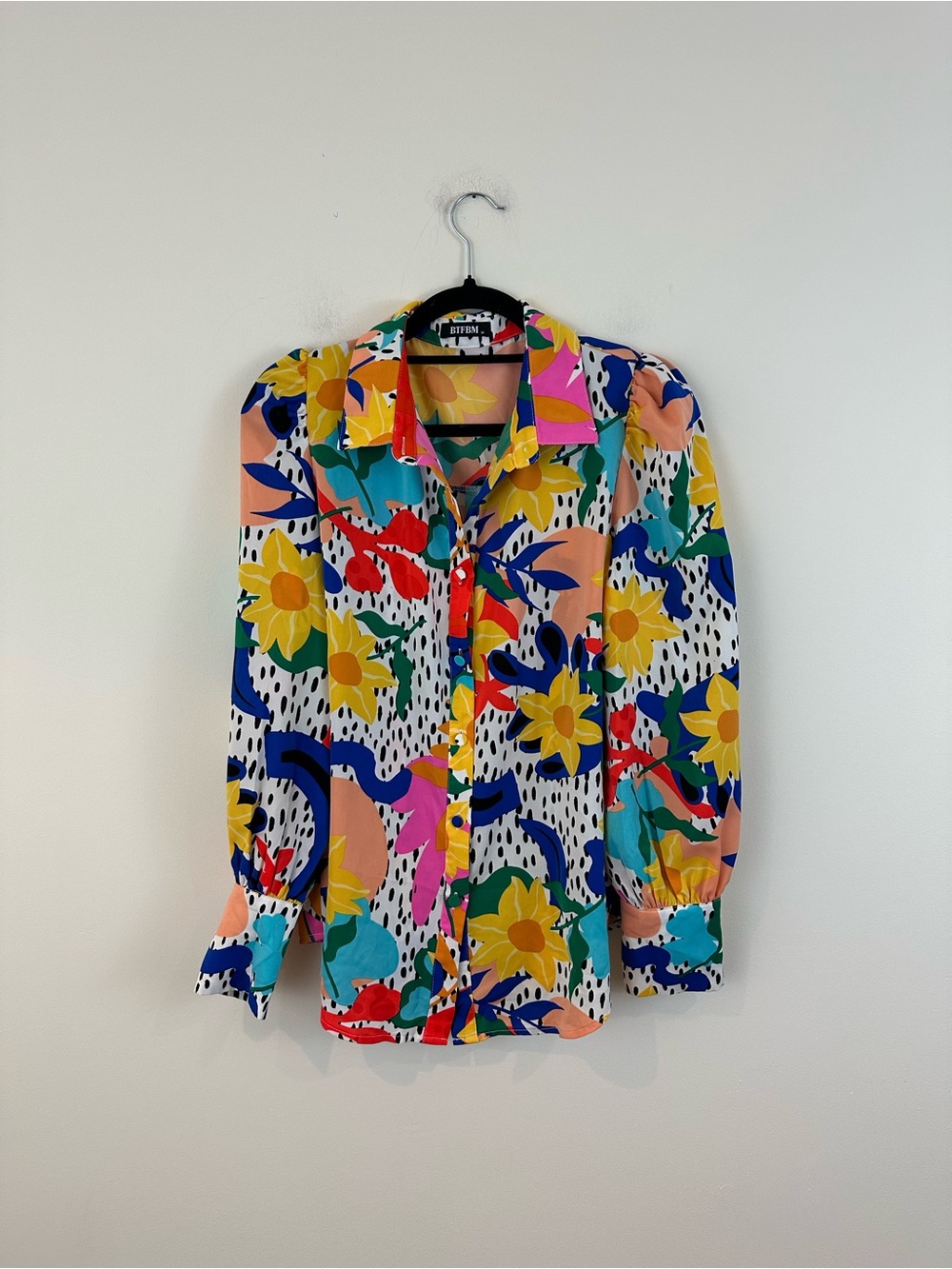 BTFMB Colorful Mixed Pattern Long Sleeve Button Down Blouse Size Medium